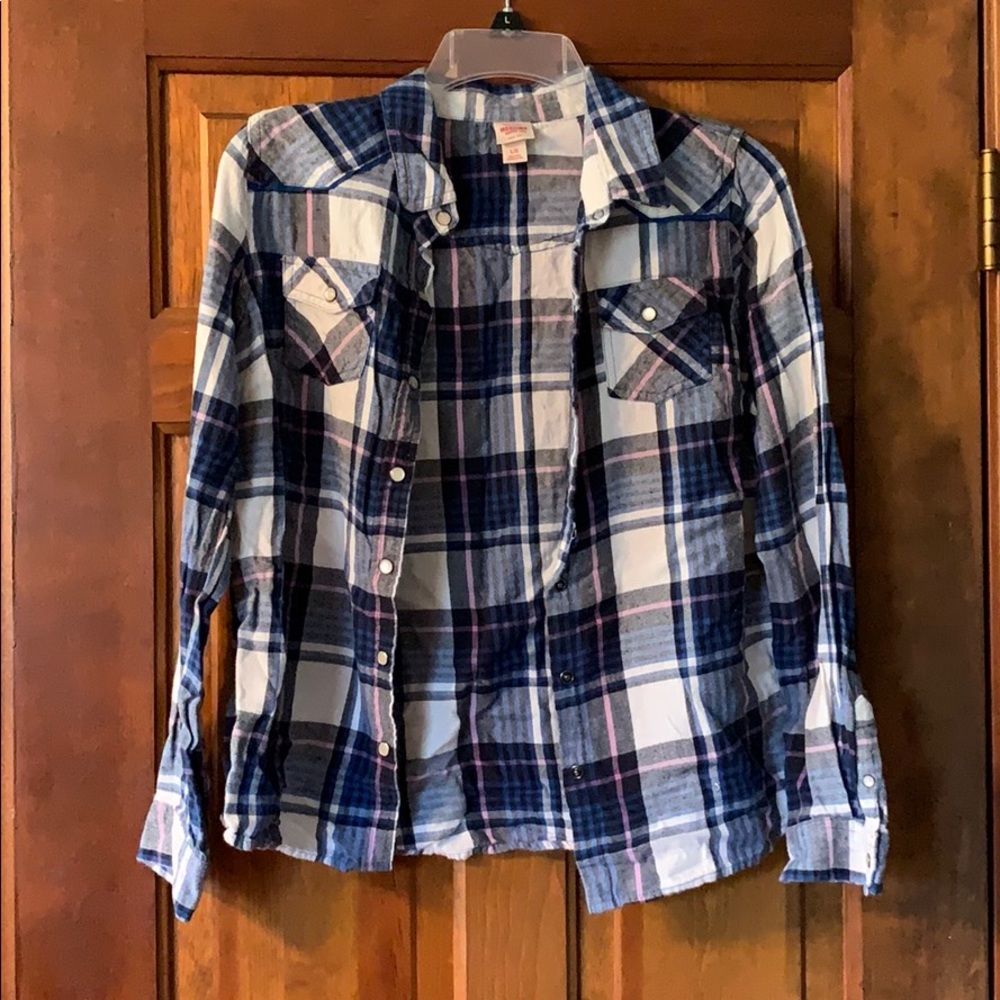 Blue, black, pink, and white plaid flannel